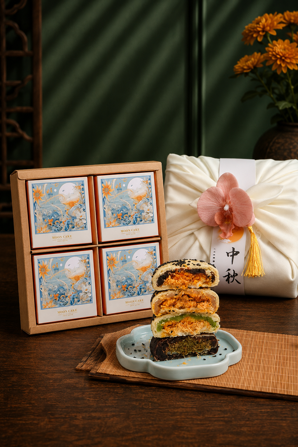 Open Mid-Autumn gift box with tea and packaged festive products